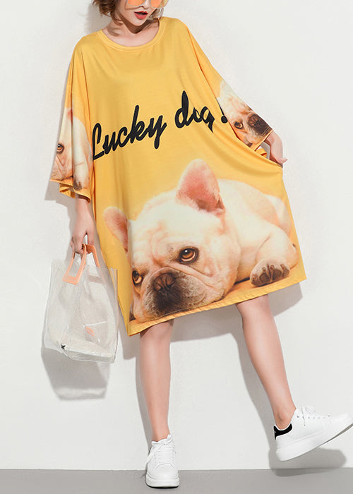 Style Yellow Print Cotton Tunic Pattern Sleeve O Neck Baggy Summer Dress