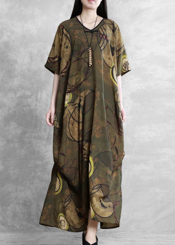 Style Yellow Print Clothes for O Neck Asymmetric Kaftan Dress