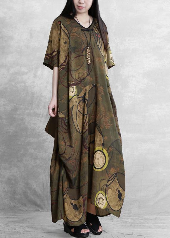 Style Yellow Print Clothes for O Neck Asymmetric Kaftan Dress