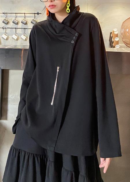 Style Zippered Three-dimensional Decoration Tops Black Baggy Blouse