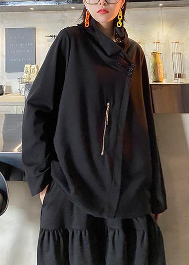 Style Zippered Three-dimensional Decoration Tops Black Baggy Blouse