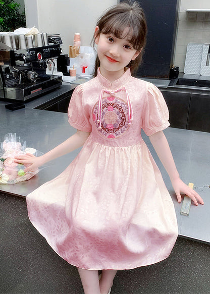 Stylish Apricot Embroideried Patchwork Button Long Dress Summer
