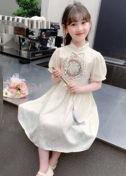 Stylish Apricot Embroideried Patchwork Button Long Dress Summer