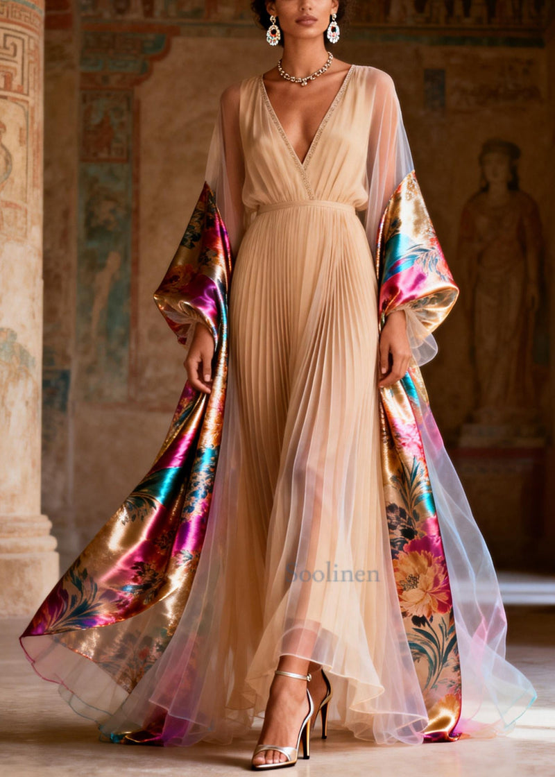 Stylish Apricot Exra Large Hem Patchwork Chiffon Pleated Dress Summer
