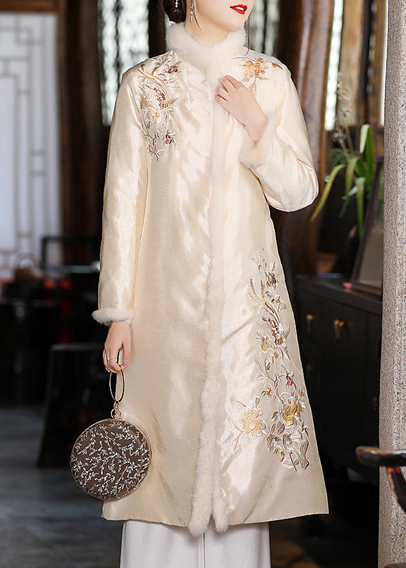 Stylish Apricot Faux Fur Collar Embroideried Thick Satin Cheongsam Long Sleeve