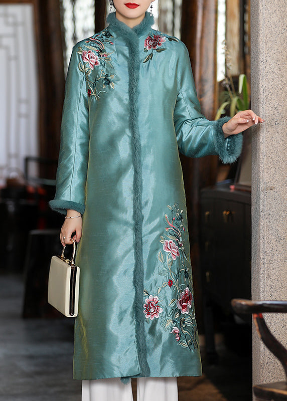 Stylish Apricot Faux Fur Collar Embroideried Thick Satin Cheongsam Long Sleeve