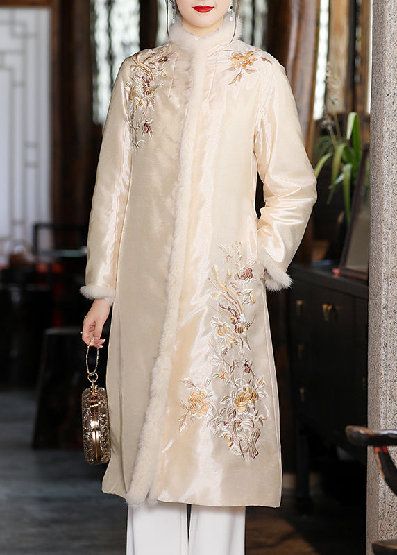 Stylish Apricot Faux Fur Collar Embroideried Thick Satin Cheongsam Long Sleeve