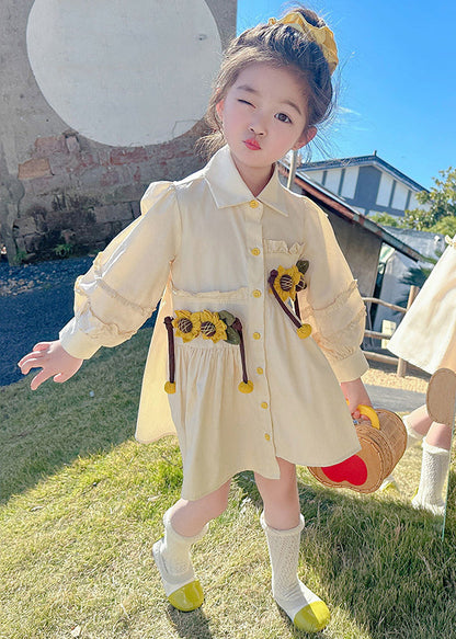 Stylish Apricot Peter Pan Collar Asymmetrical Wrinkled Kids Long Shirts Dress Fall