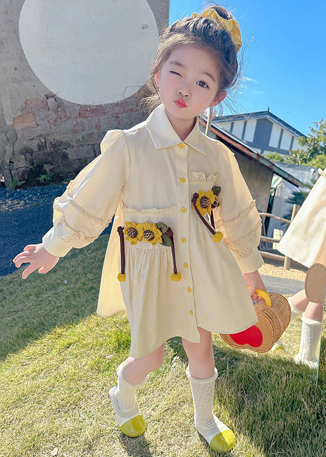 Stylish Apricot Peter Pan Collar Asymmetrical Wrinkled Kids Long Shirts Dress Fall