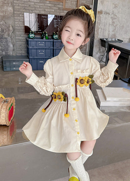 Stylish Apricot Peter Pan Collar Asymmetrical Wrinkled Kids Long Shirts Dress Fall