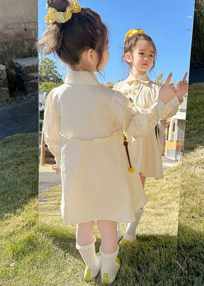 Stylish Apricot Peter Pan Collar Asymmetrical Wrinkled Kids Long Shirts Dress Fall