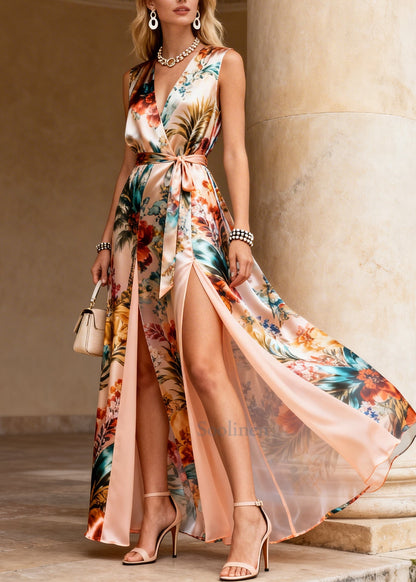 Stylish Apricot Print Side Open Chiffon Party Dress Sleeveless