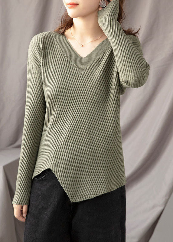 Stylish Apricot V Neck Asymmetrical Design Fall Knit Sweaters