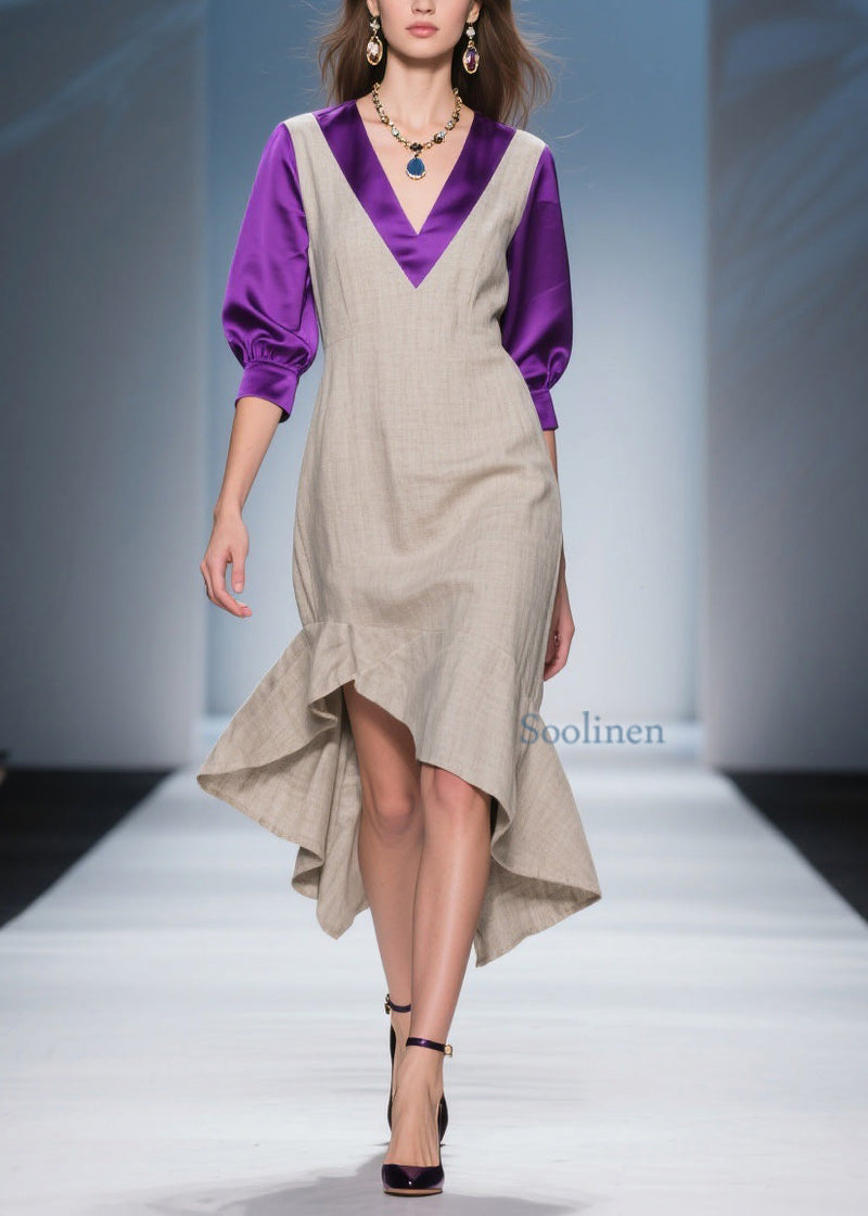 Stylish Asymmetrical Design Patchwork Linen Silk Dress Summer