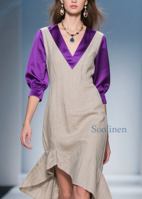 Stylish Asymmetrical Design Patchwork Linen Silk Dress Summer