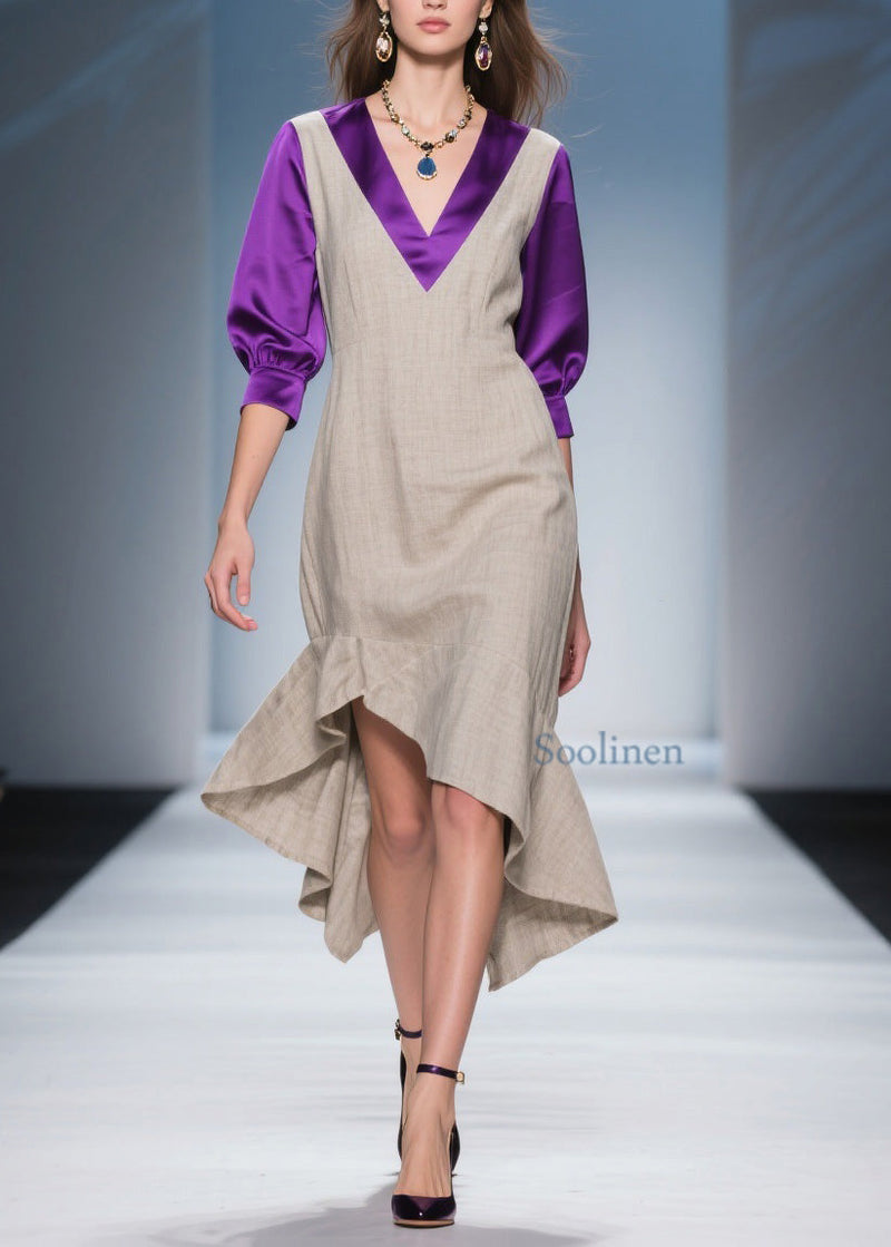 Stylish Asymmetrical Design Patchwork Linen Silk Dress Summer