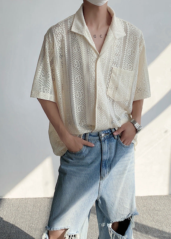 Stylish Beige Button Hollow Out Lace Shirts Summer