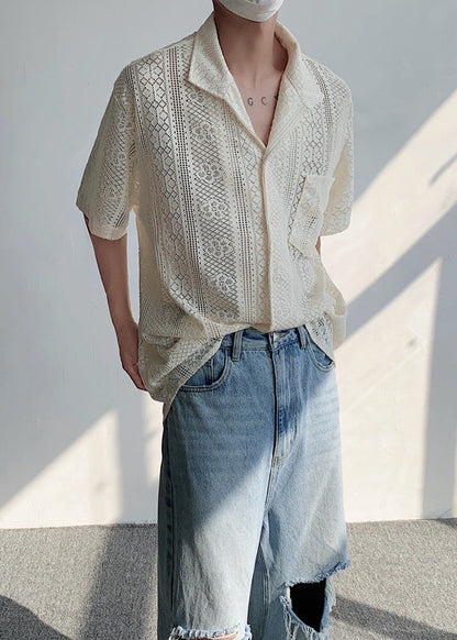Stylish Beige Button Hollow Out Lace Shirts Summer