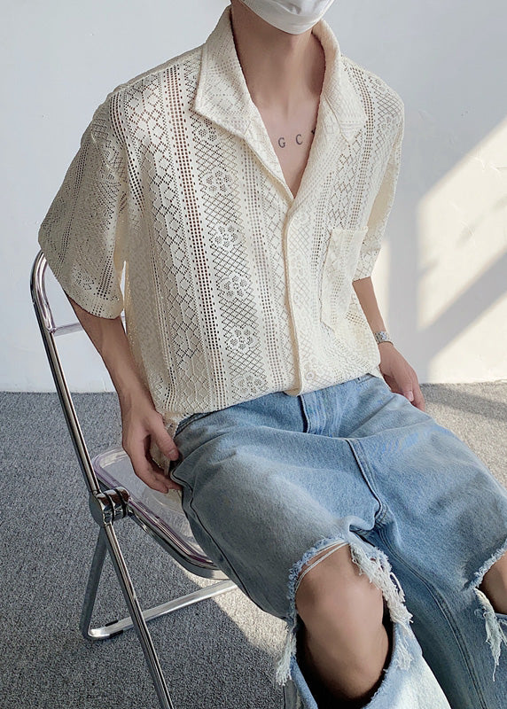 Stylish Beige Button Hollow Out Lace Shirts Summer
