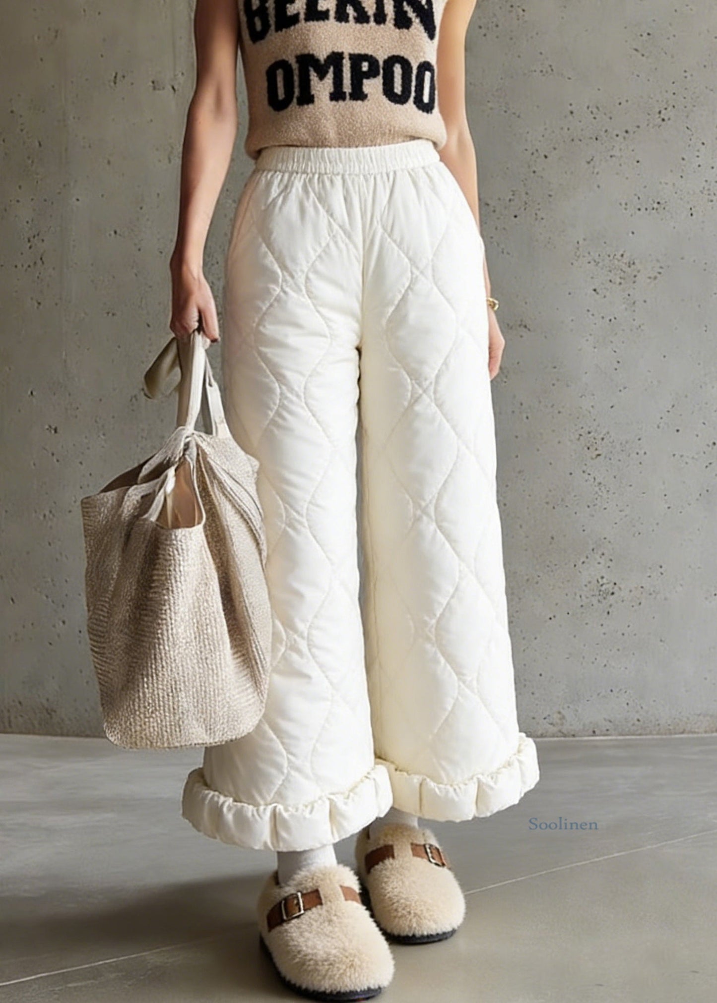 Stylish Beige Elastic Waist Fine Cotton Filled Crop Pants