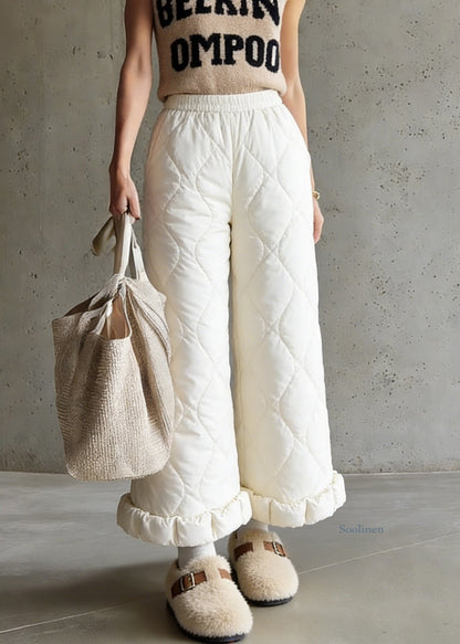 Stylish Beige Elastic Waist Fine Cotton Filled Crop Pants