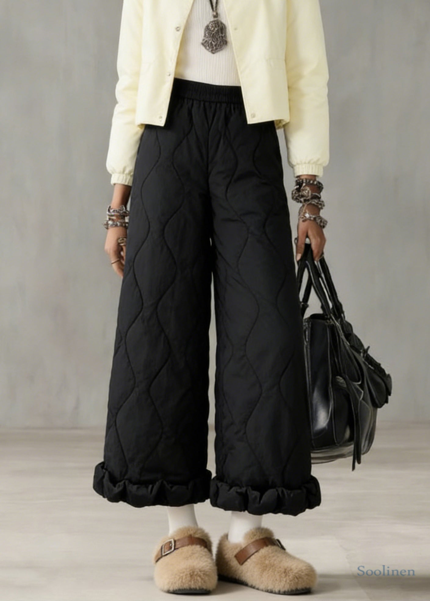 Stylish Beige Elastic Waist Fine Cotton Filled Crop Pants
