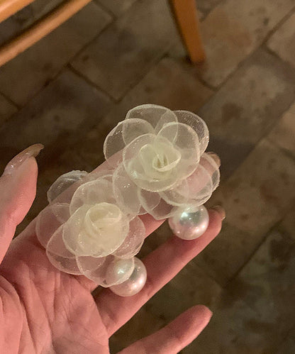 Stylish Beige Pearl Chiffon Hoop Earrings Ly1795