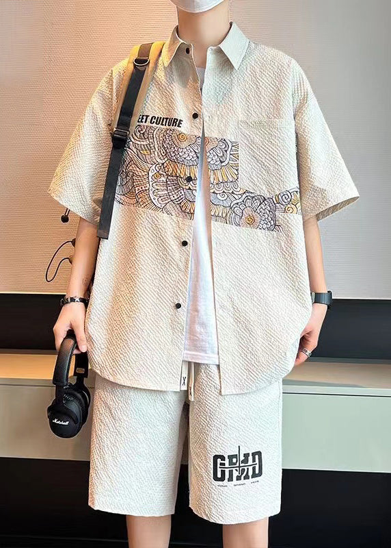 Stylish Beige Peter Pan Collar Shirts and Shorts Two Pieces Set Summer