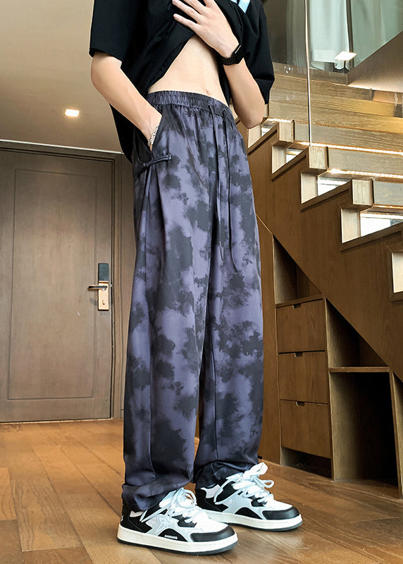 Stylish Beige Pockets Tie Dye Chinese Button Ice Silk Pants Summer