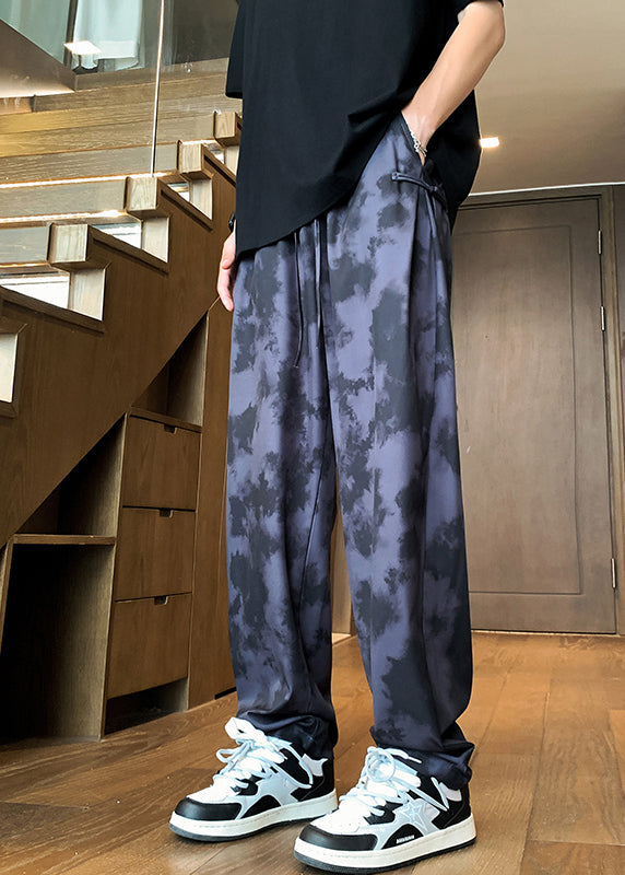 Stylish Beige Pockets Tie Dye Chinese Button Ice Silk Pants Summer