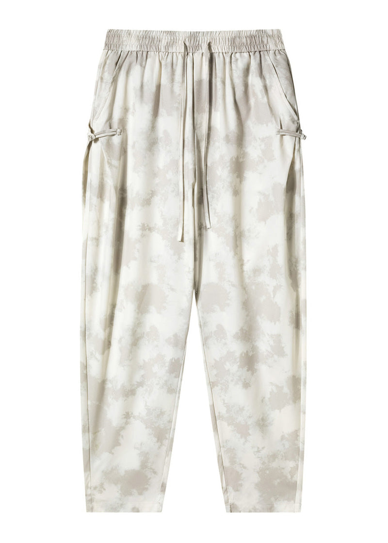 Stylish Beige Pockets Tie Dye Chinese Button Ice Silk Pants Summer