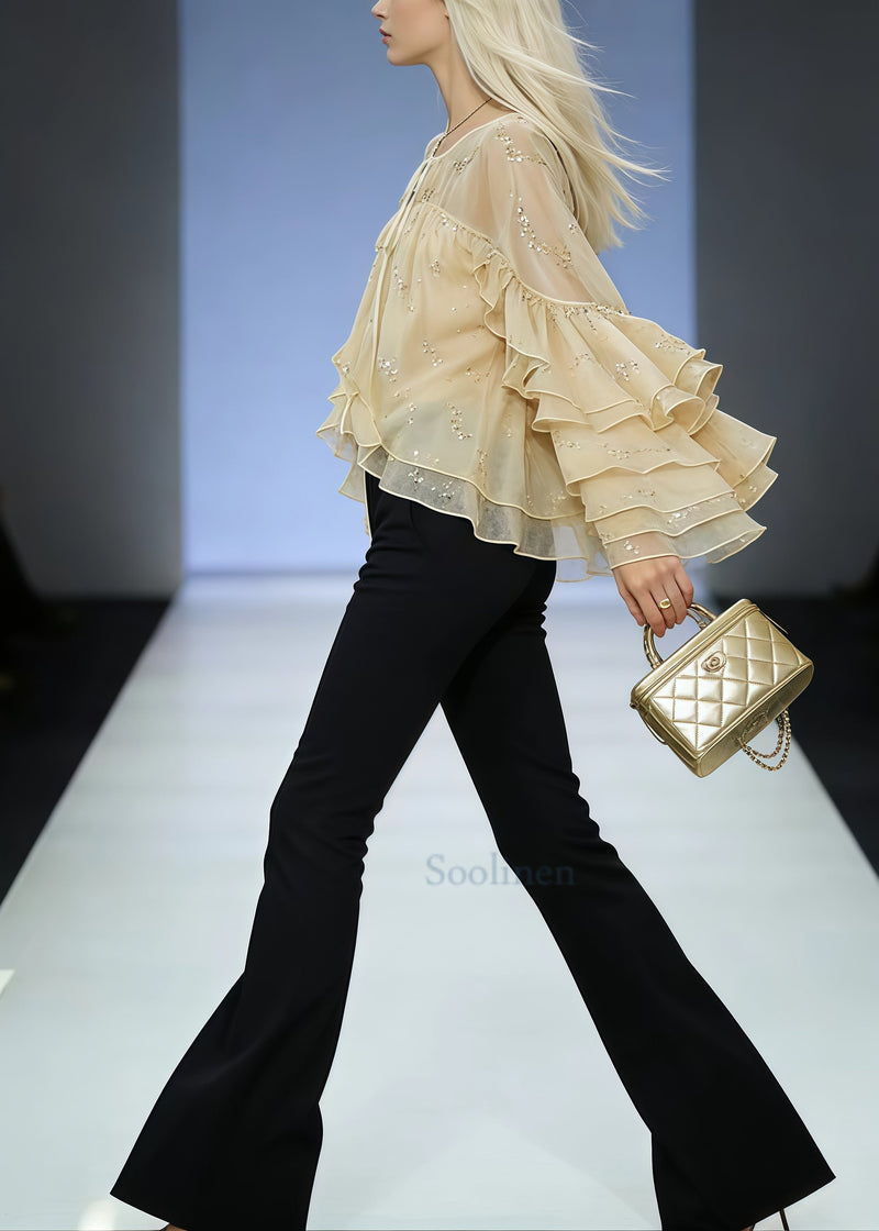 Stylish Beige Sequins Ruffles Silk Blouses Butterfly Sleeve