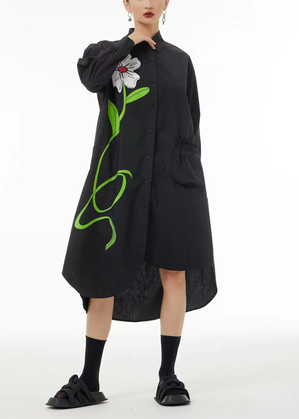 Stylish Black Asymmetrical Pocket Cotton Vacation Dresses Spring