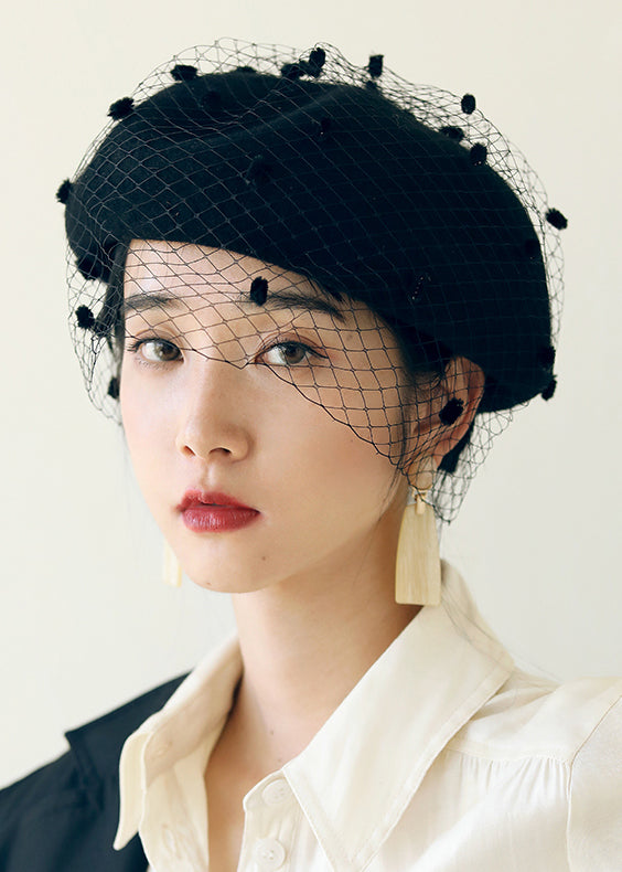 Stylish Black Autumn and Winter Woolen Tulle Beret Hat