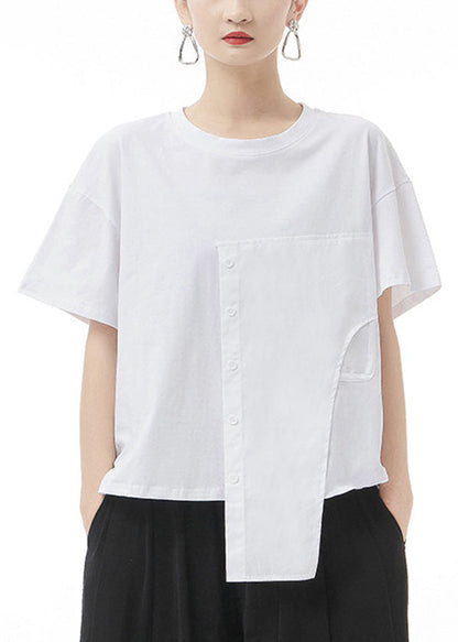 Stylish Black Button O-neck Patchwork Tank Short Sleeve