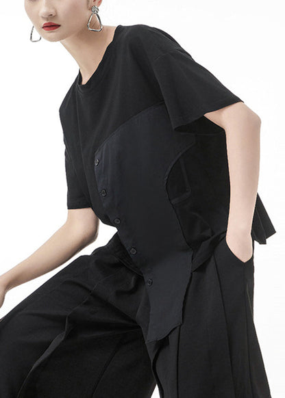 Stylish Black Button O-neck Patchwork Tank Short Sleeve
