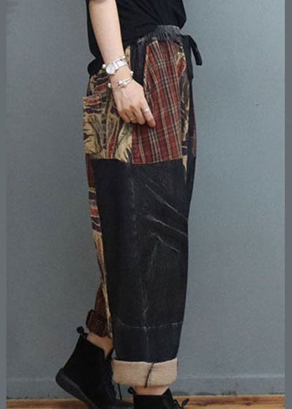 Stylish Black Cinched Patchwork Denim Pants Winter