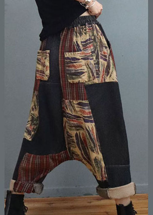 Stylish Black Cinched Patchwork Denim Pants Winter