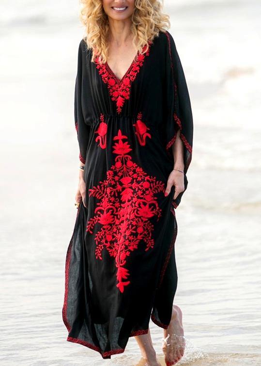 Stylish Black Embroideried Long Sleeve Kimono Robe Maxi Summer