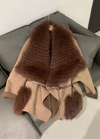 Stylish Black Fur Collar Patchwork Leather and Fur Coats Spring