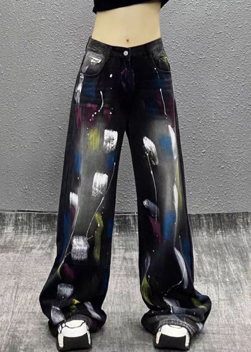 Stylish Black Graffiti High Waist Denim Wide Leg Pants Spring