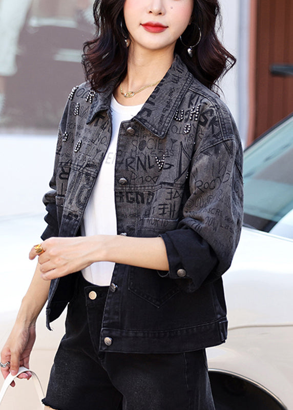 Stylish Black Graphic Print Nail Bead Denim Coat Fall