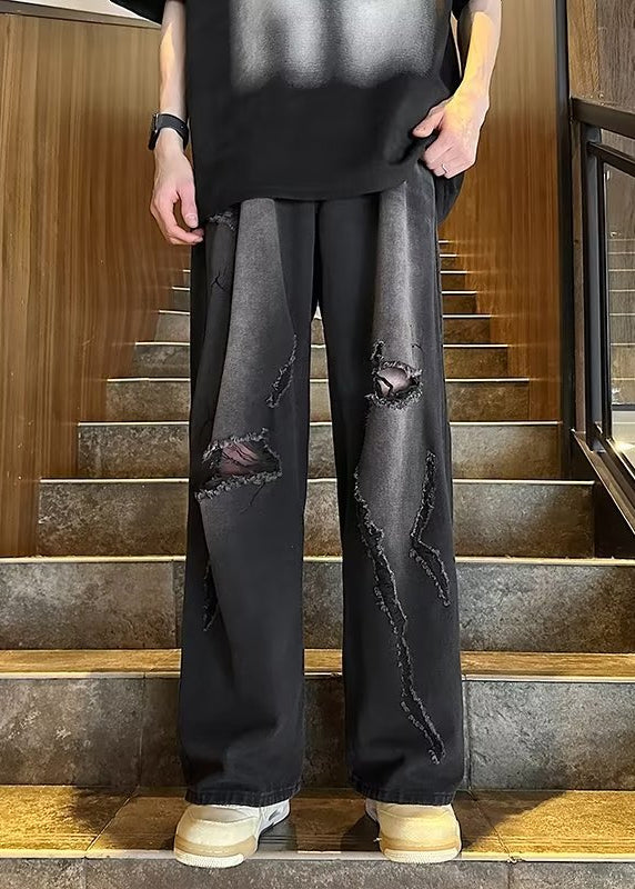 Stylish Black Grey Pockets Ripped Denim Pants Clothing Fall