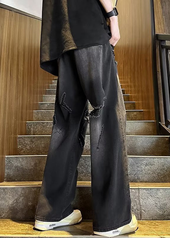 Stylish Black Grey Pockets Ripped Denim Pants Clothing Fall