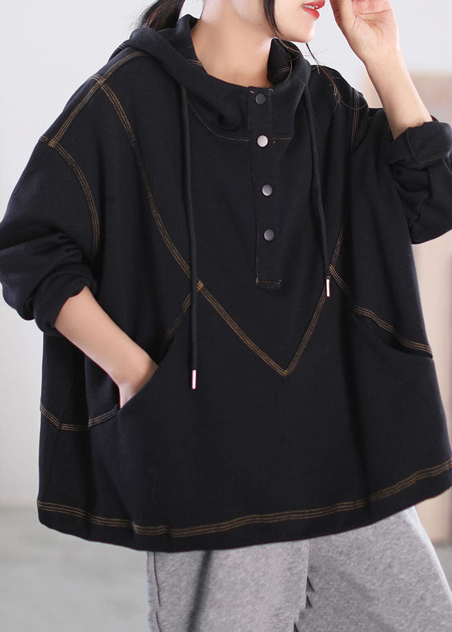 Stylish Black Hooded Pockets Cotton Sweatshirts Top Long Sleeve