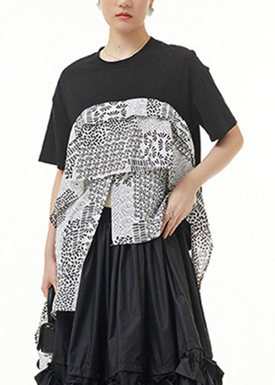 Stylish Black O-neck Asymmetrical Print Tops Summer