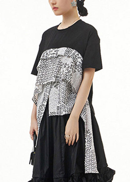 Stylish Black O-neck Asymmetrical Print Tops Summer