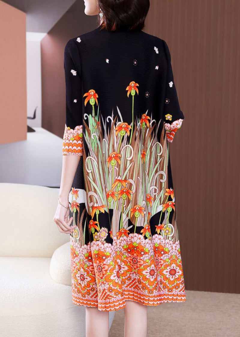 Stylish Black O-neck Character Print Wrinkled Mid Dress Bracelet Sleeve