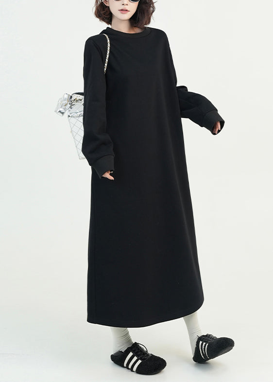 Stylish Black O Neck Cotton Long Dress Spring
