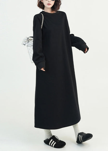 Stylish Black O Neck Cotton Long Dress Spring
